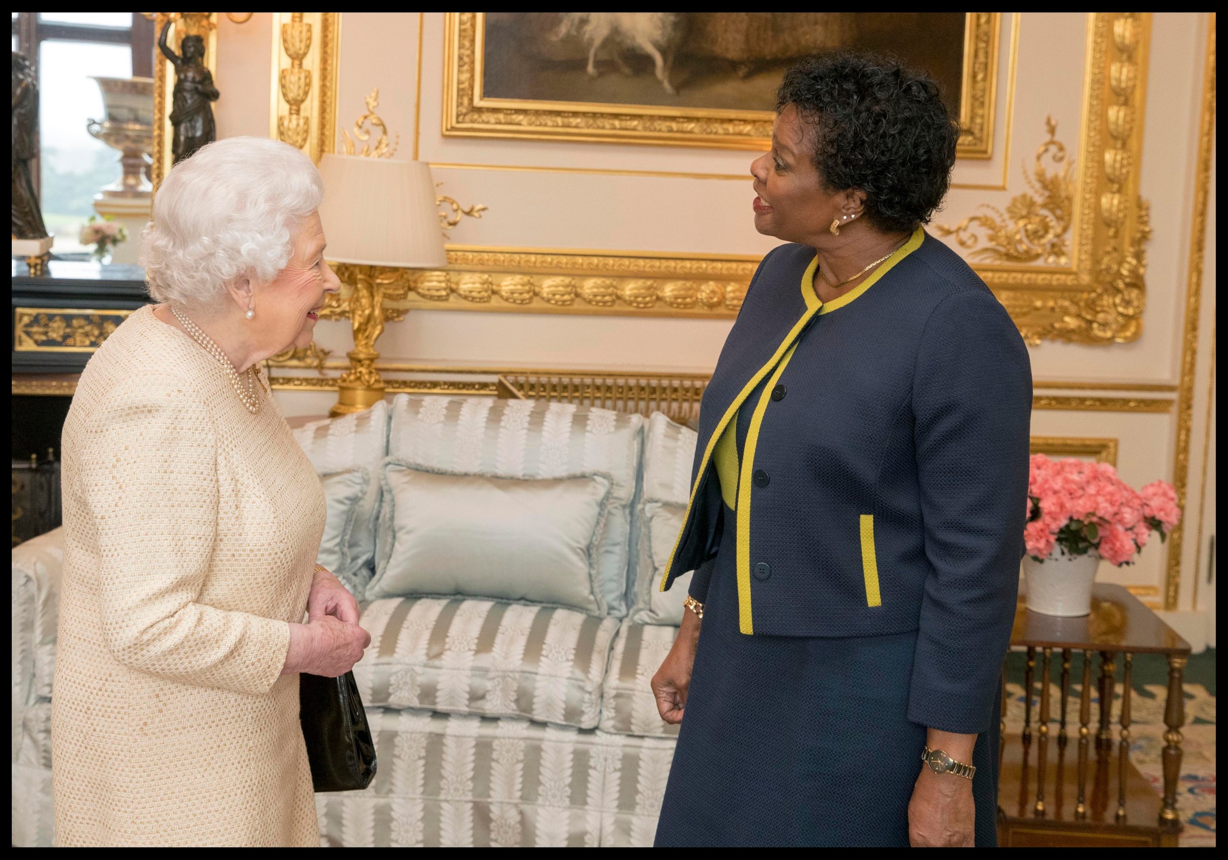 March 28, 2018 - Windsor, Windsor, United Kingdom - Audiences at Buckingham Palace. Queen Elizabeth II receives Governor-General of Barbados Dame Sandra Mason during a audience at Windsor Castle, Berkshire.,Image: 367203933, License: Rights-managed, Restrictions: * China, France, Italy, Spain, Taiwan and UK Rights OUT *, Model Release: no, Credit line: I-Images / Zuma Press / Profimedia